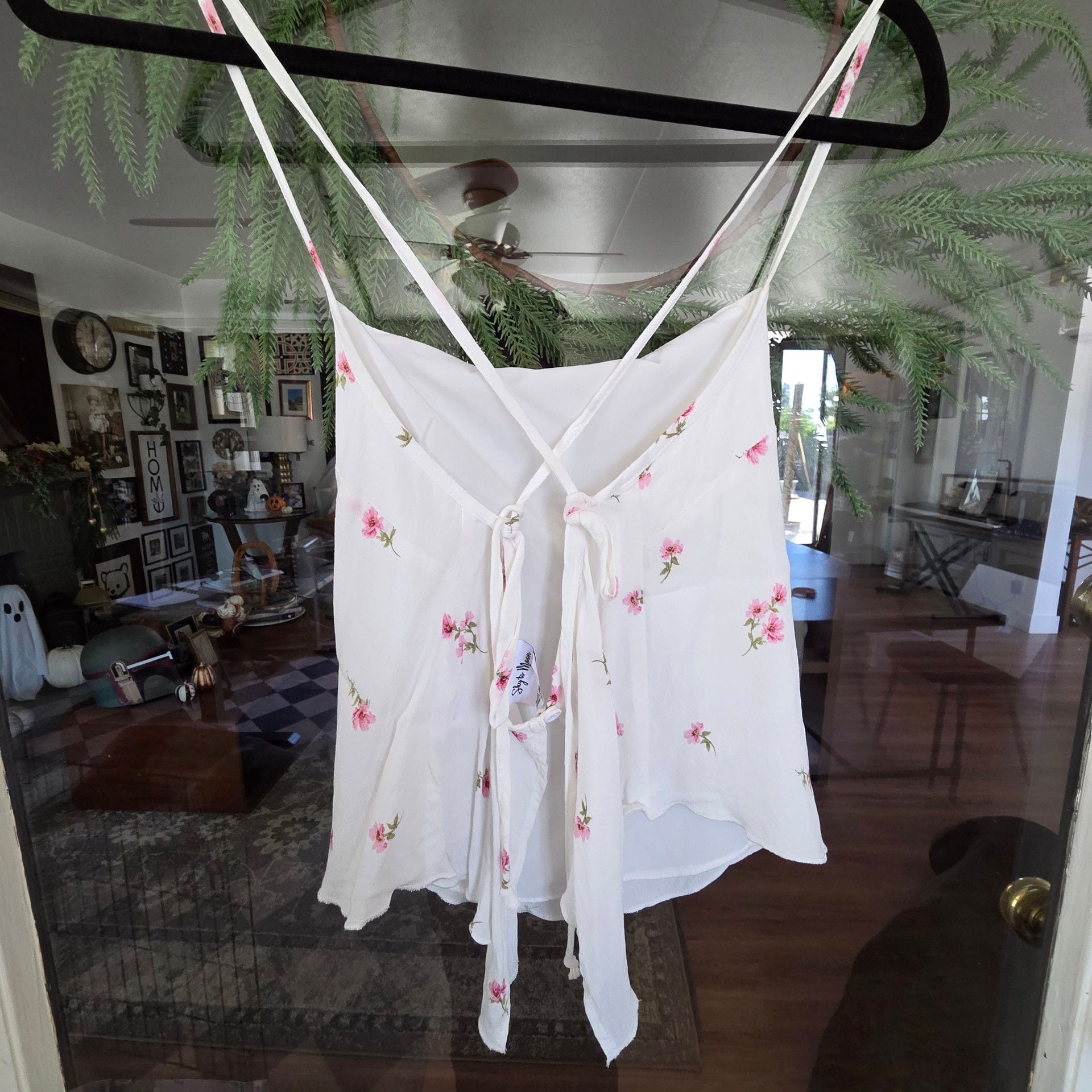 Sky To Moon Floral Cami Size S White Pink Rayon Tie Back 7