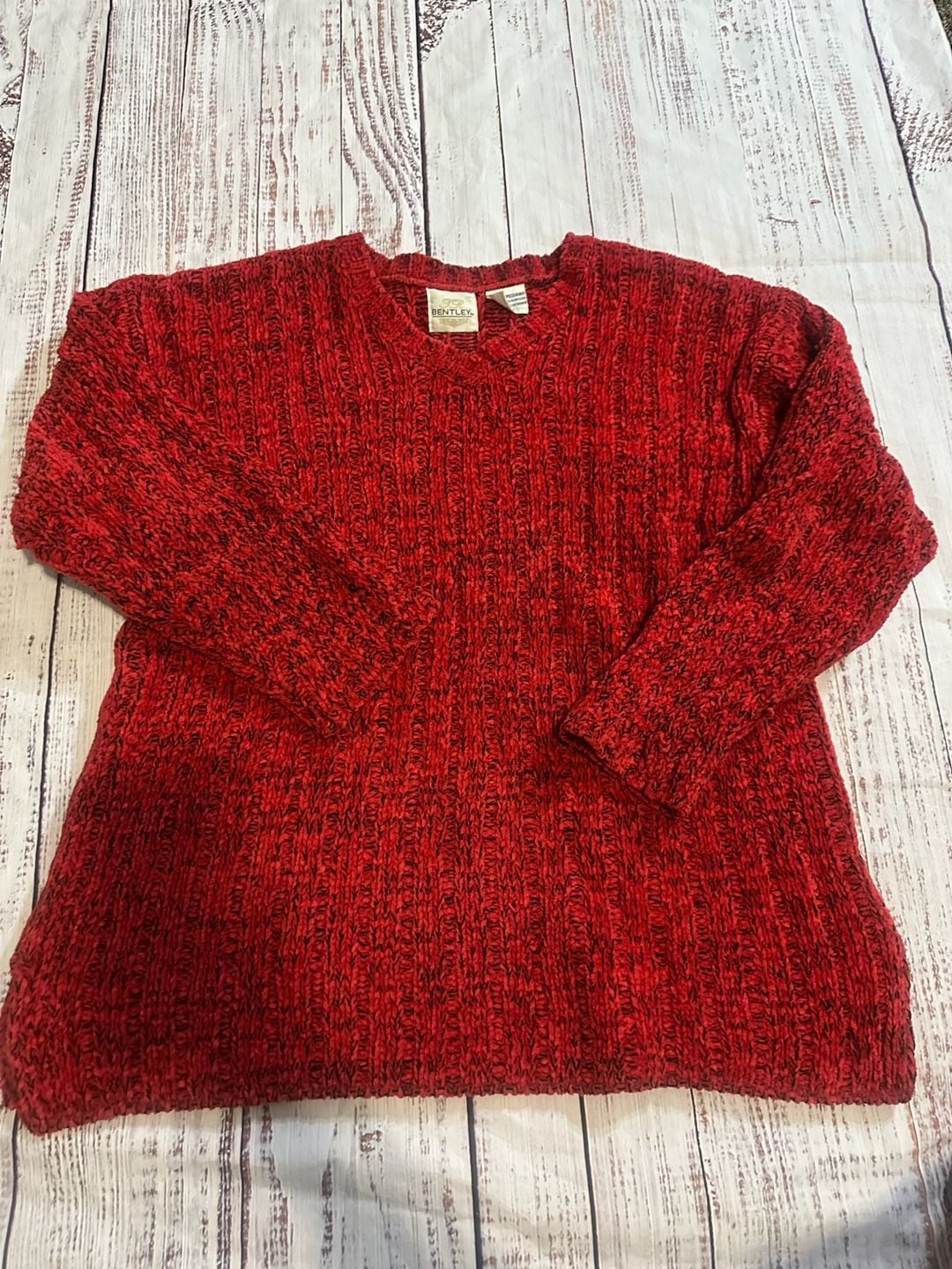 Bentley Chenille Vintage V-Neck Sweater Red Chunky Knit-M 2