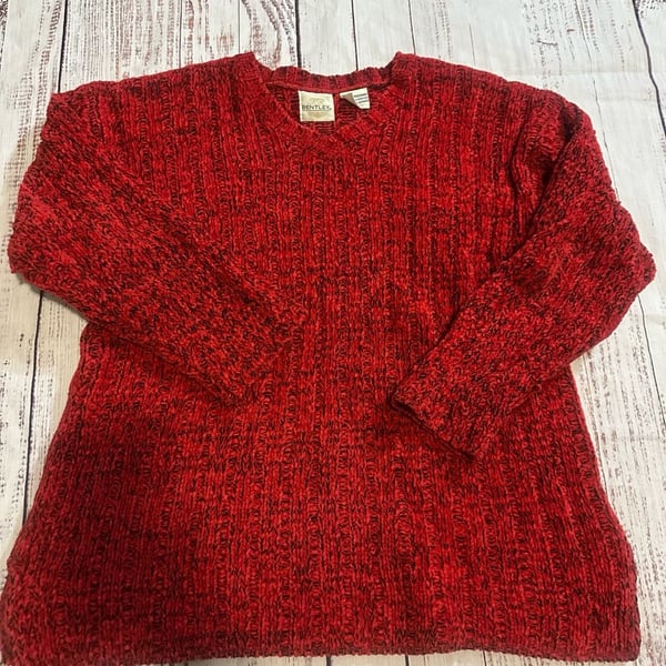 Bentley Chenille Vintage V-Neck Sweater Red Chunky Knit-M