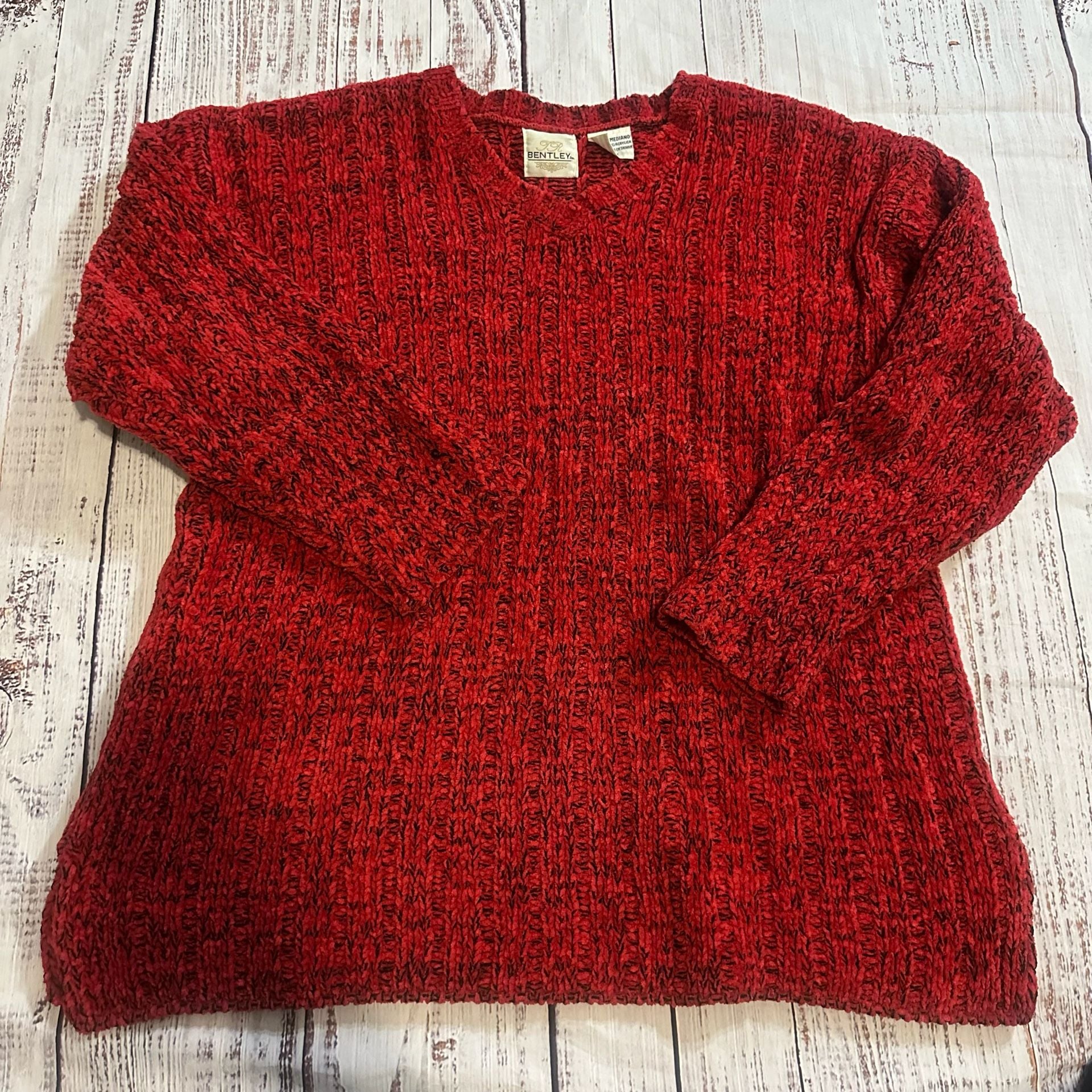 Bentley Chenille Vintage V-Neck Sweater Red Chunky Knit-M 3