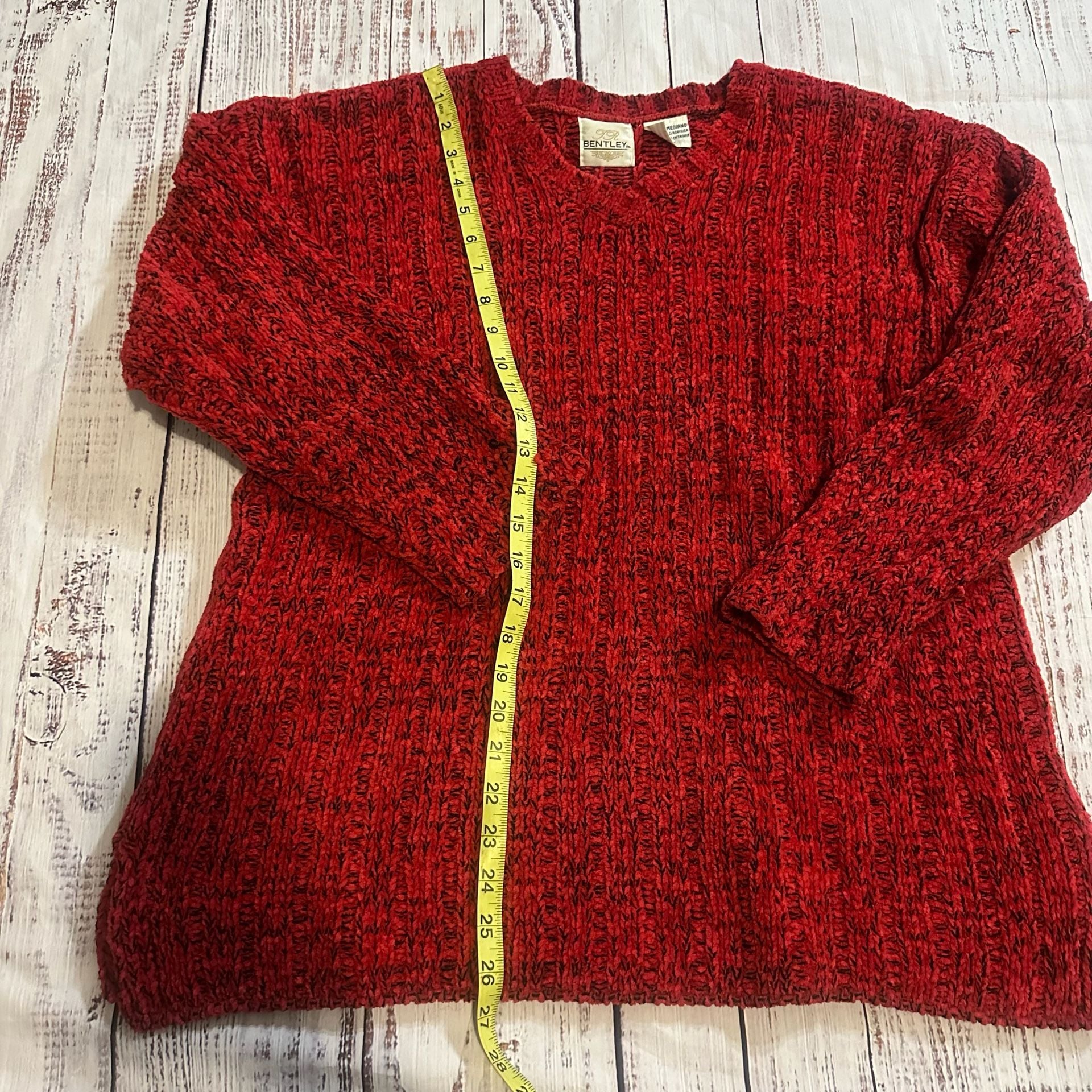 Bentley Chenille Vintage V-Neck Sweater Red Chunky Knit-M 4