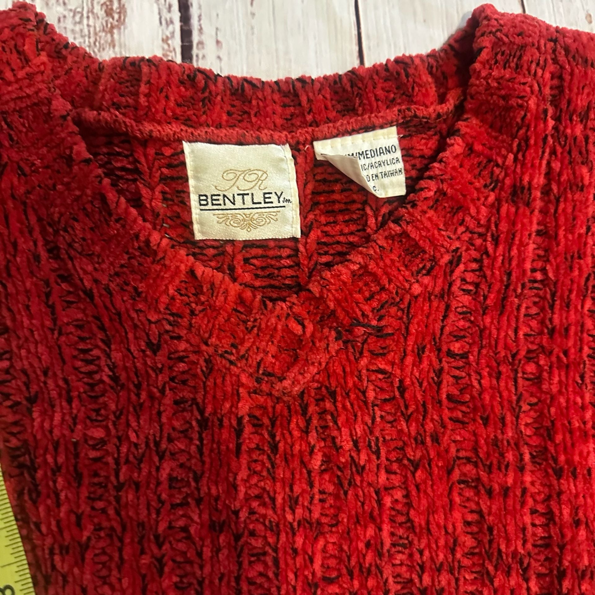 Bentley Chenille Vintage V-Neck Sweater Red Chunky Knit-M 5