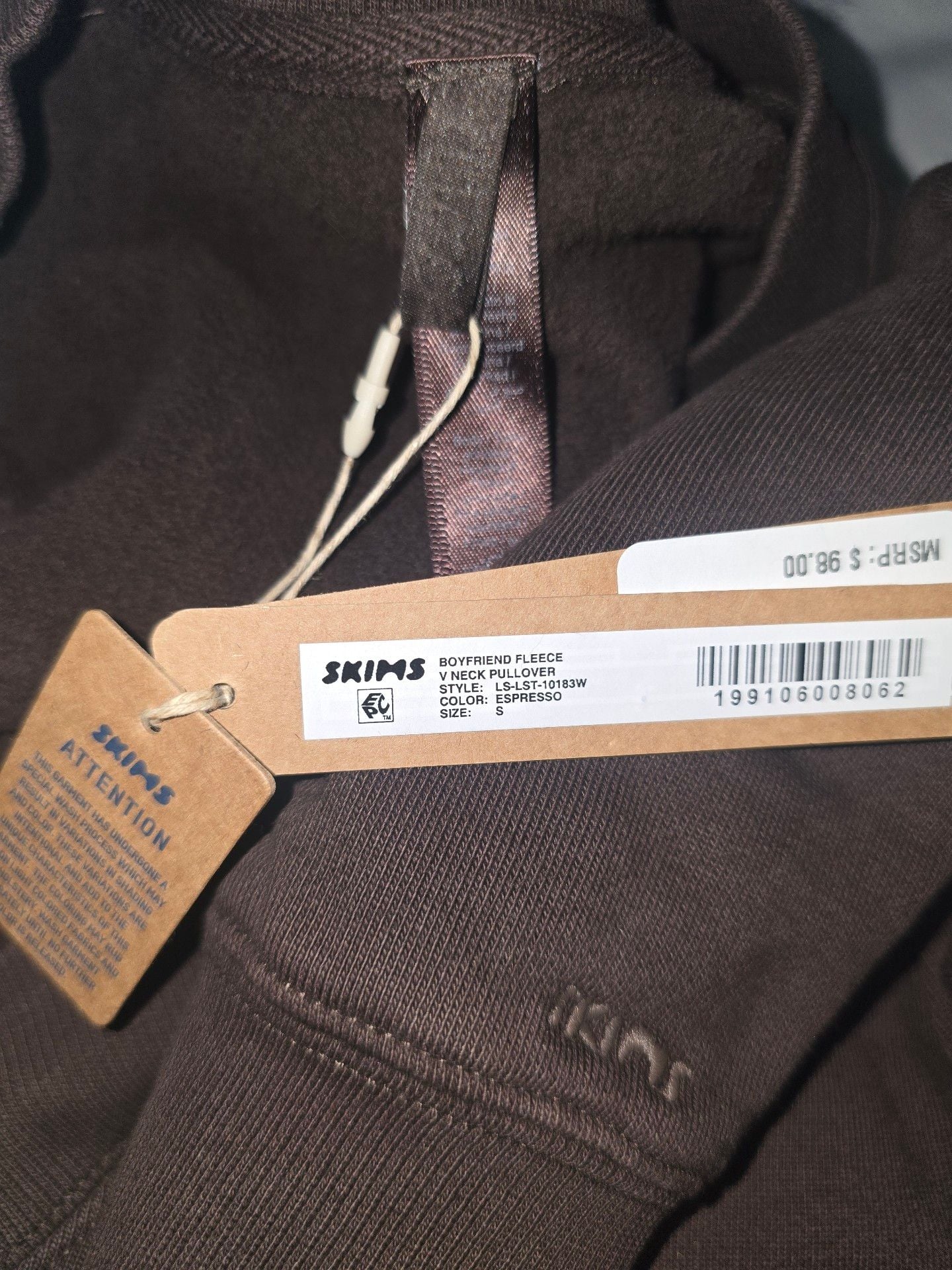 Skims Cozy Sweatfleece Mega V-Neck Sweatshirt Brown SMALL 6