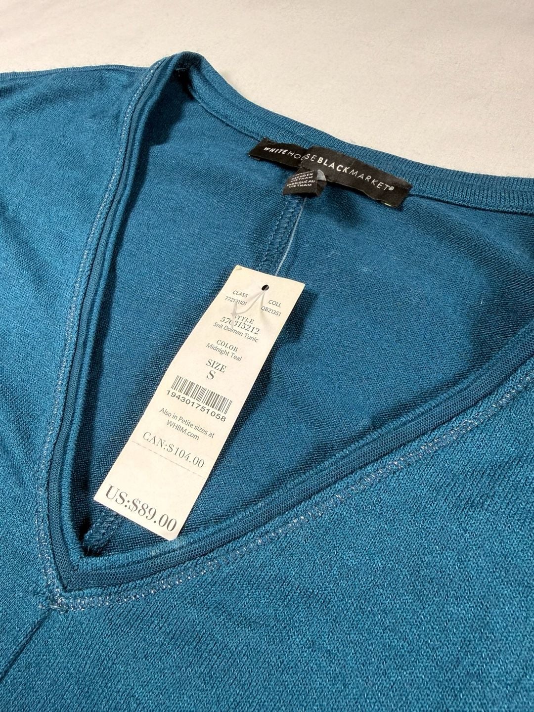 White House Black Market Soft Dolman Tunic Small Midnight Teal NWT $89 3