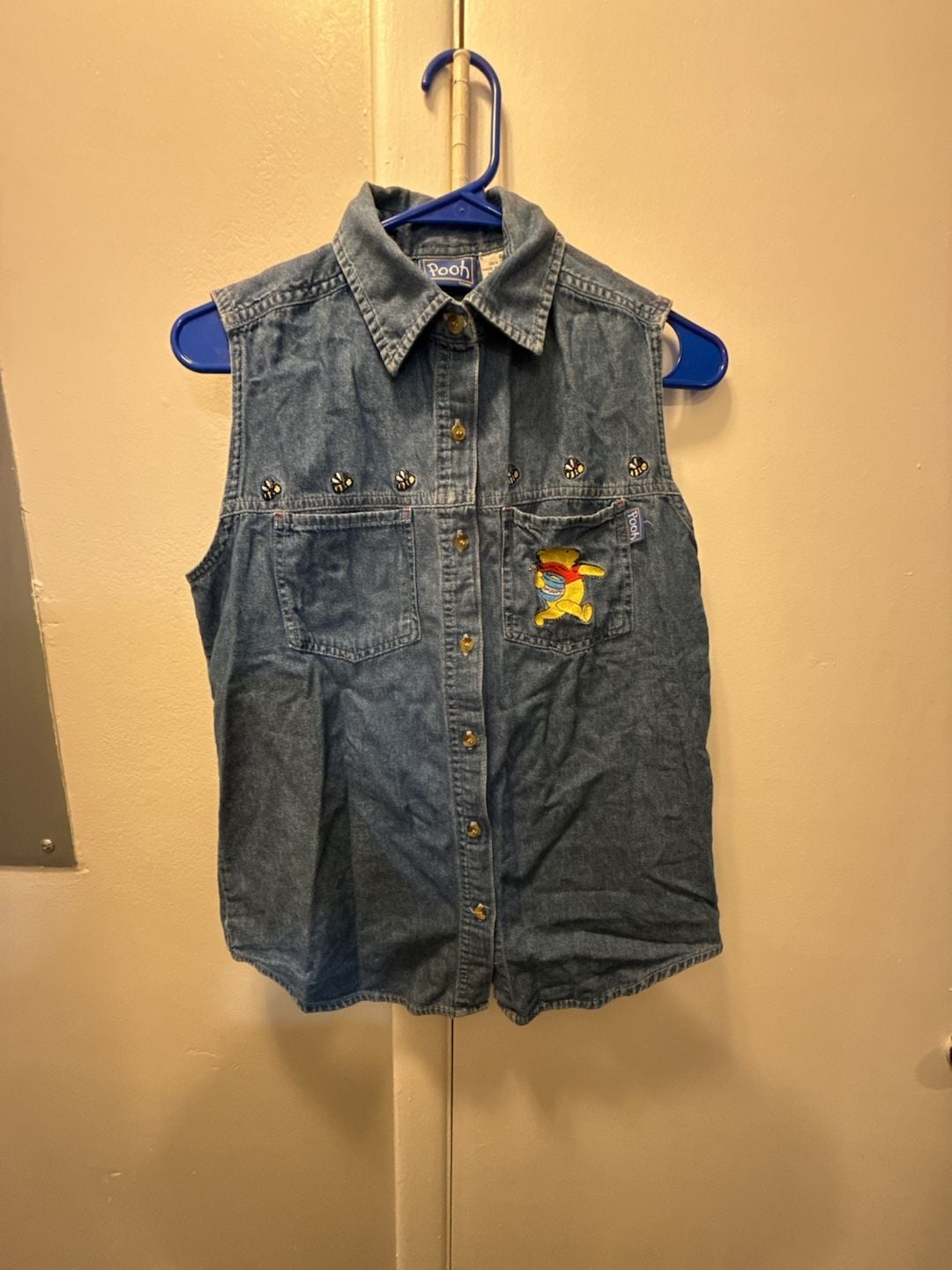 Disney Pooh Sleeveless Denim Shirt Size S Winnie The Pooh Embroidered 1