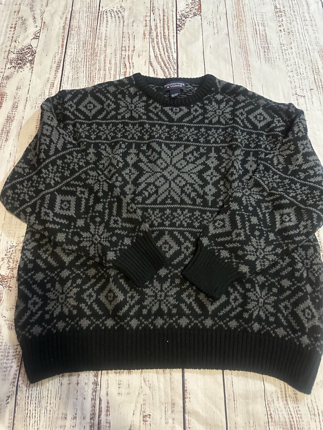 Roundtree & Yorke Fair Isle Crewneck Sweater Size XL Black Gray Cotton 2