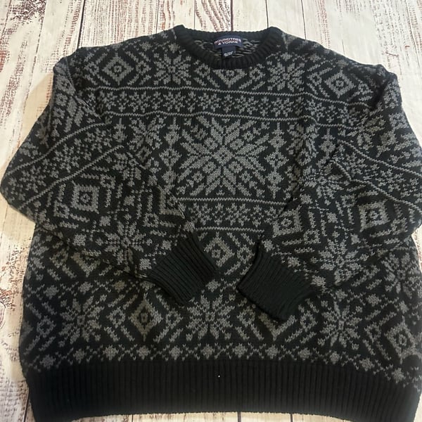 Roundtree & Yorke Fair Isle Crewneck Sweater Size XL Black Gray Cotton