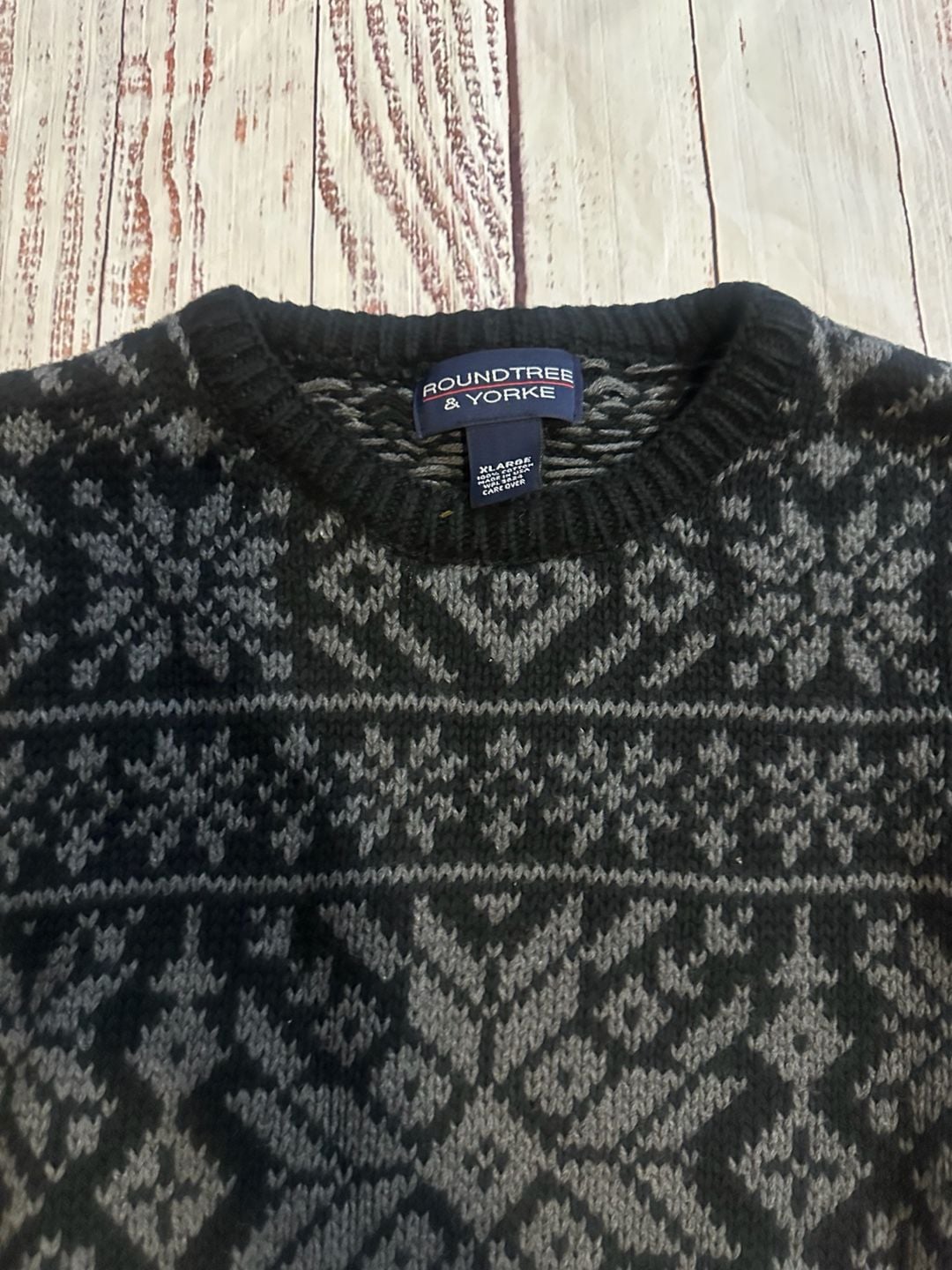 Roundtree & Yorke Fair Isle Crewneck Sweater Size XL Black Gray Cotton 3