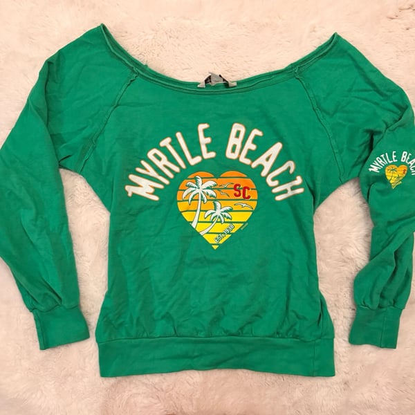 Vintage Girl Myrtle Beach Sweatshirt Size S Green Off-The-Shoulder