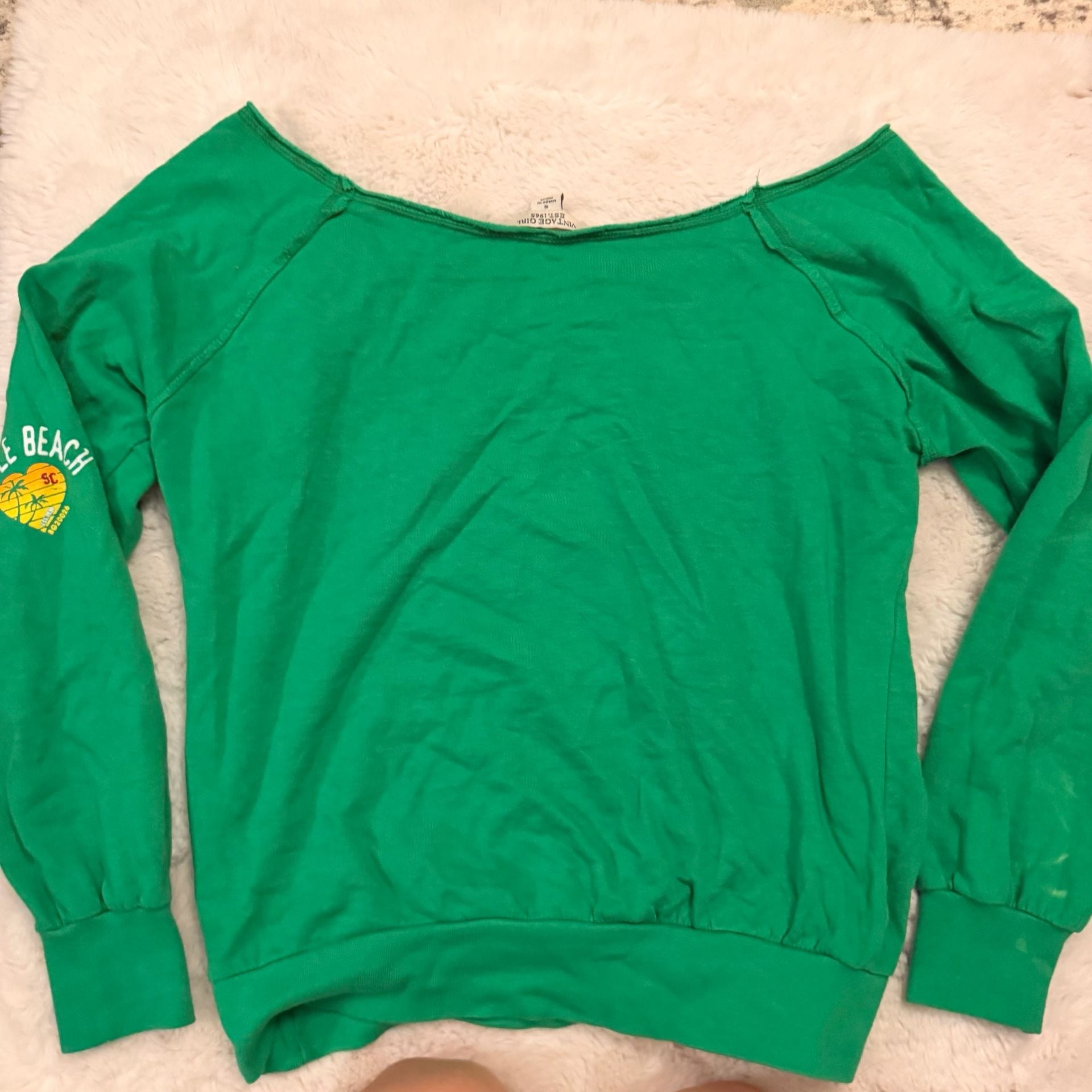 Vintage Girl Myrtle Beach Sweatshirt Size S Green Off-The-Shoulder 7