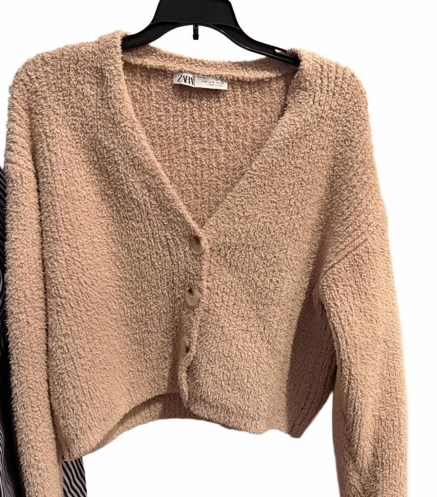 Zara Cardigan Size M Beige Boucle Knit Cropped Sweater 2