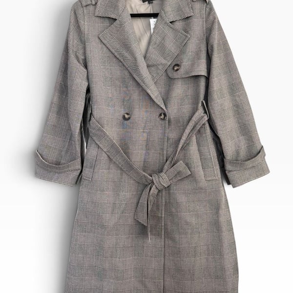 LOFT Versa Plaid Seasonless Stretch Trench Coat Size S Grey