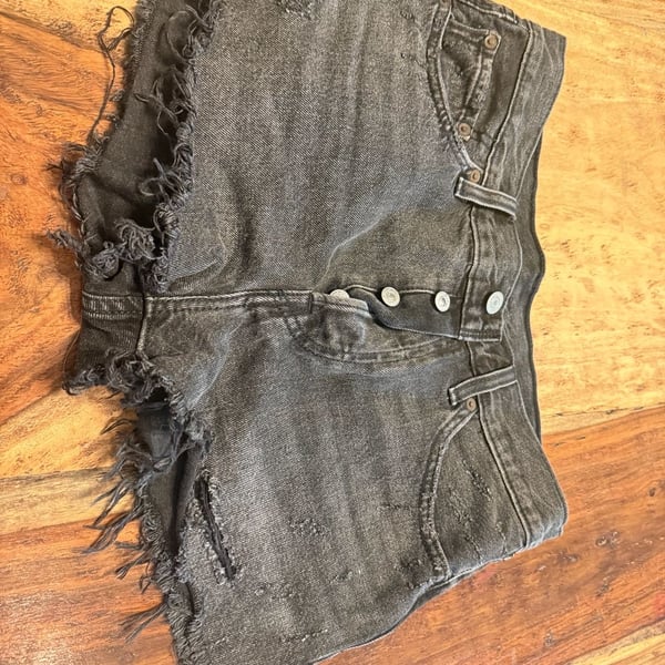 Levi's 501 Premium Cut Off Denim Shorts Black Distressed Frayed