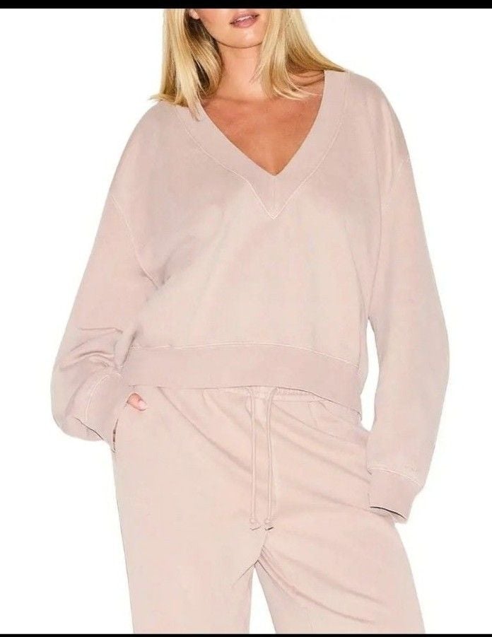 Skims Boyfriend Fleece V Neck Pullover Size MEDIUM Light Fawn 5
