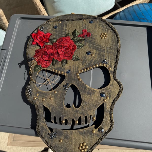 Pumpkin Hollow Hanging Skull With Red Roses And Jewels