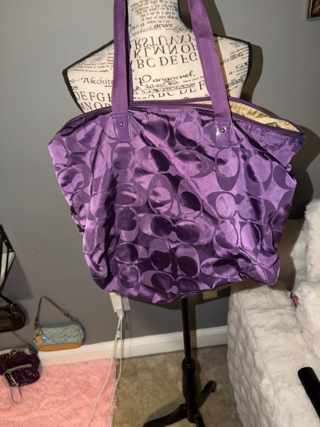 Coach Signature Satin Tote Purple Handbag 3