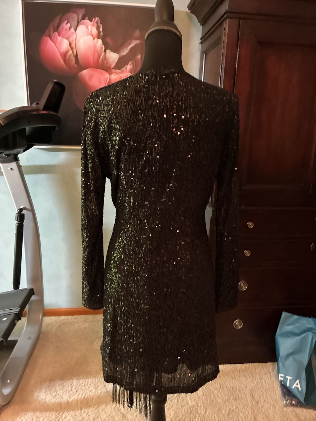 Belle Badgley Mischka Dress Size 10 Black Sequin Long Sleeve A813 14