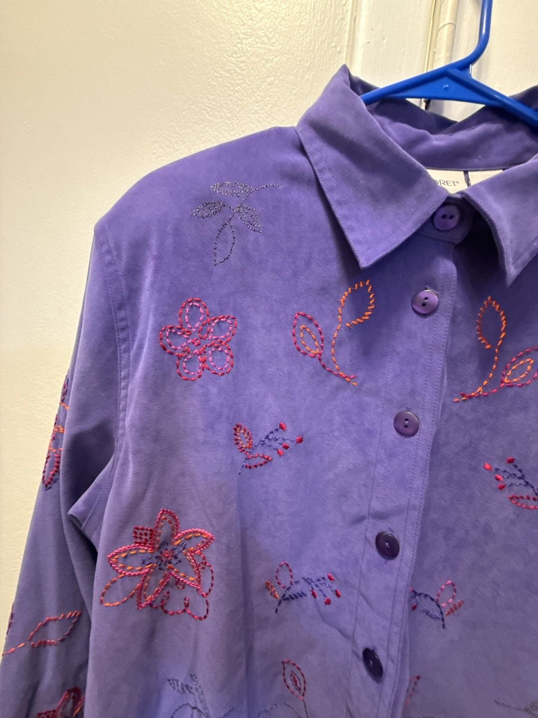 Koret Button Down Shirt Size L Purple Floral Embroidered Long Sleeve 4
