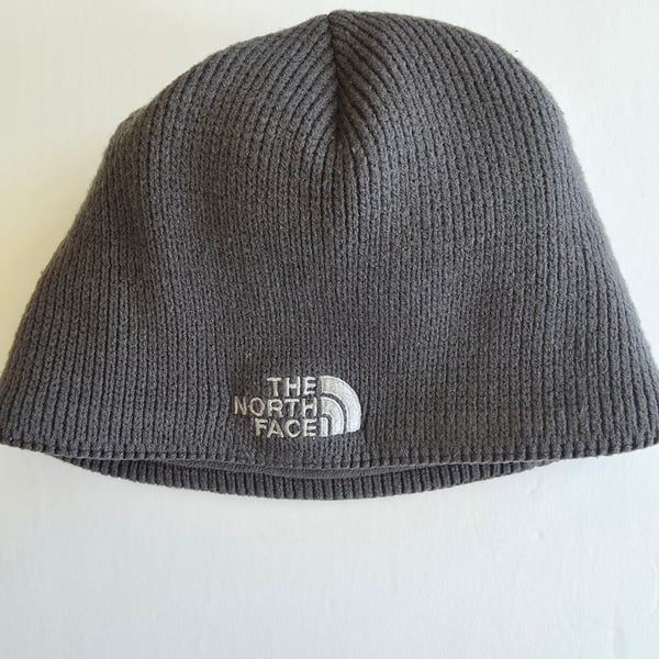 The North Face Ribbed Beanie Hat Gray Embroidered Logo