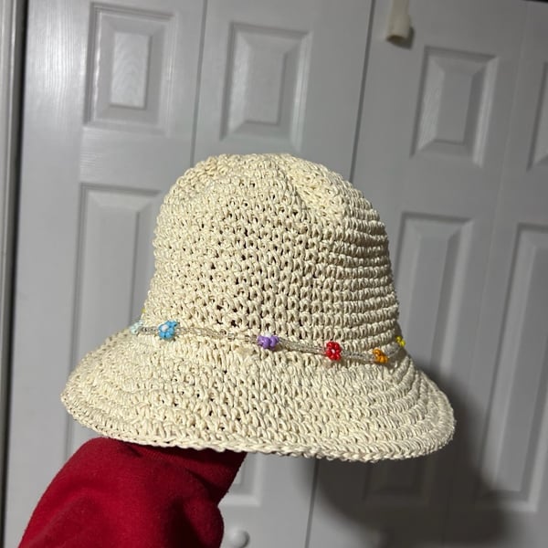 Steve Madden Beaded Flower Straw Bucket Hat