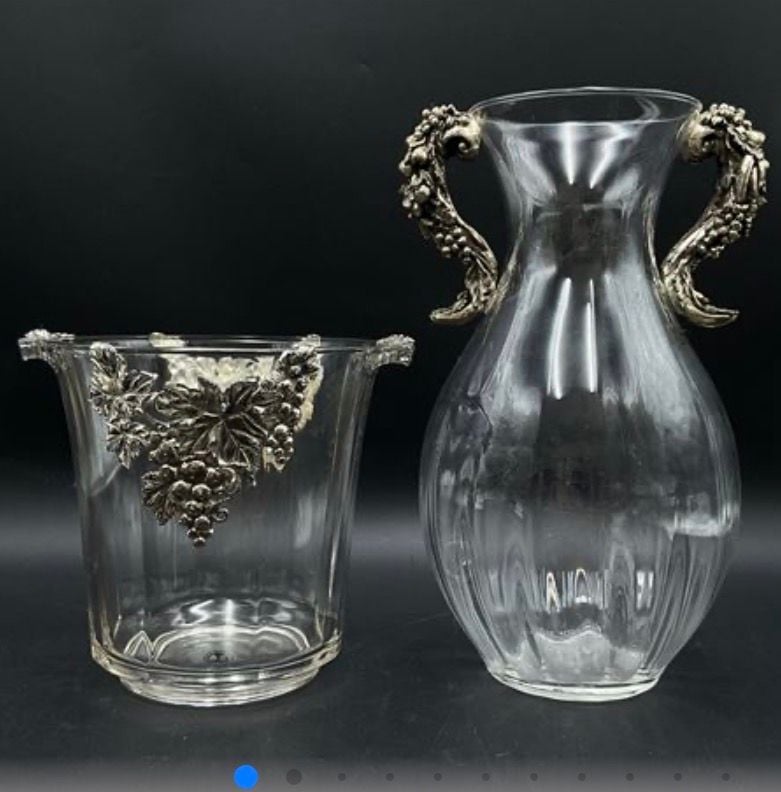 Vtg Arthur Court Grapevine Glass Ice Bucket Wine Chiller & Double Handled Carafe Pitcher Set 5