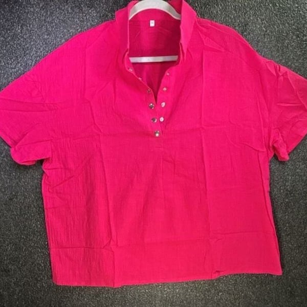 Short Sleeve Cotton Linen Henley Shirt Hot Pink