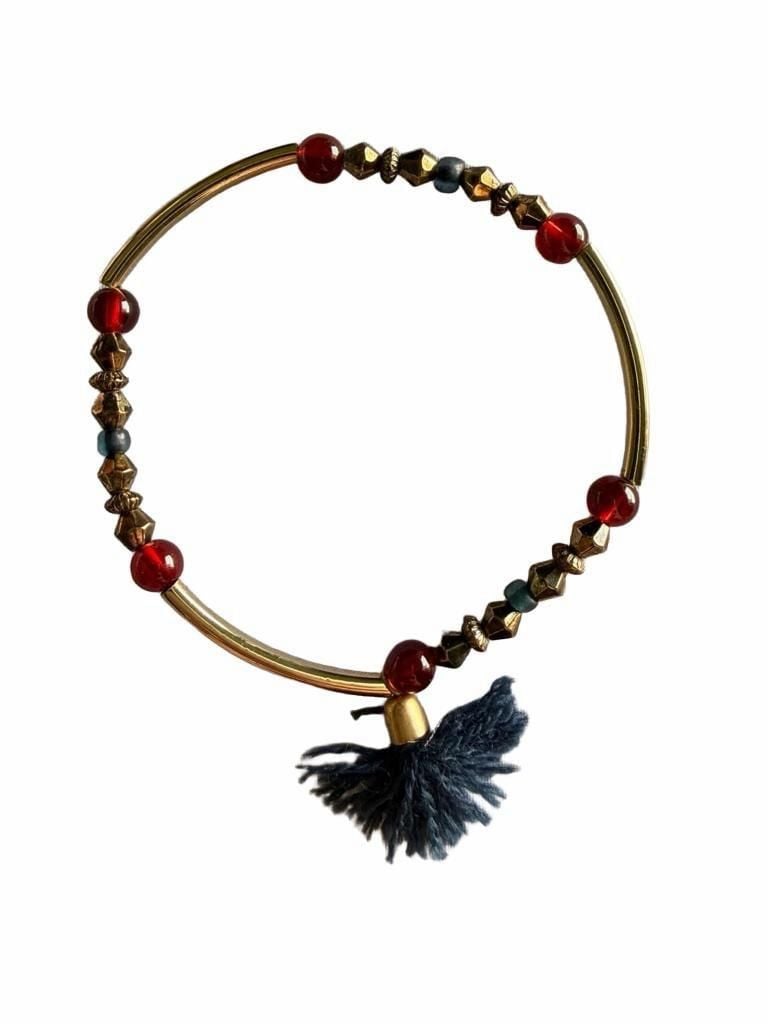 Gold-Tone Beaded Bangle Bracelet With Blue Tassel 2
