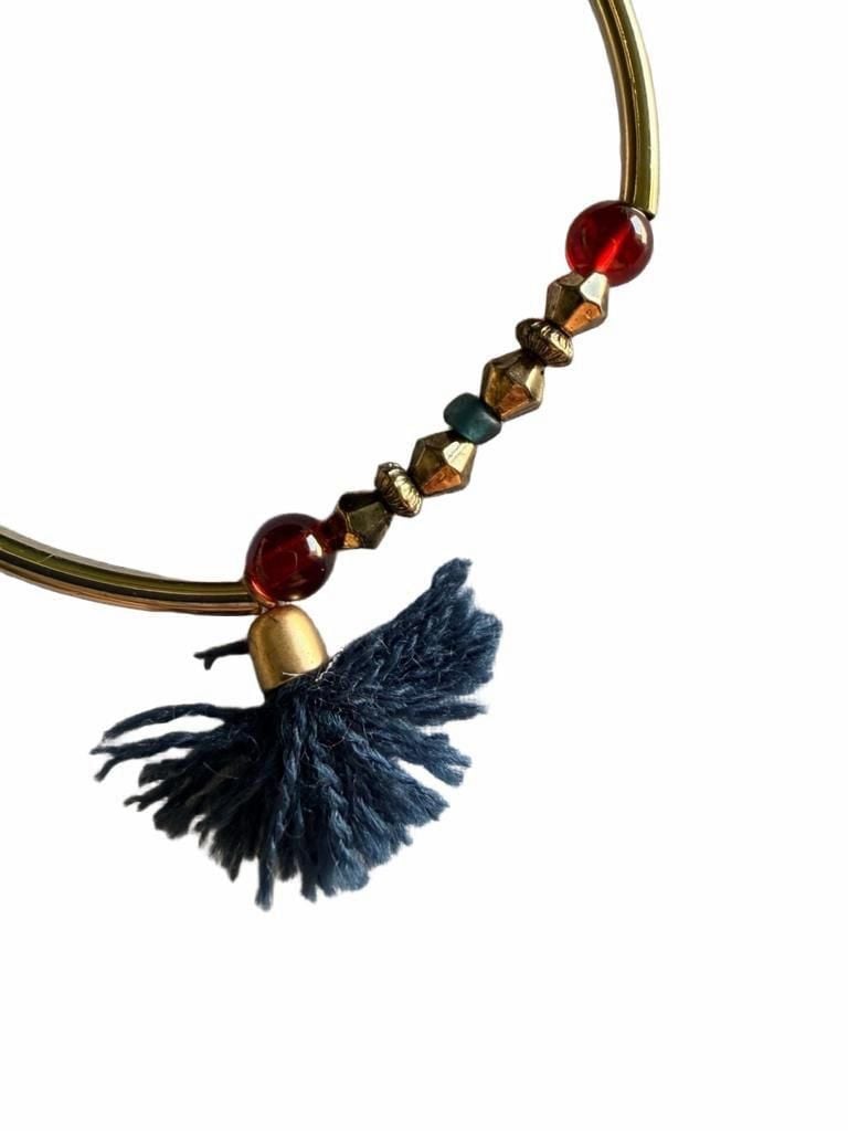 Gold-Tone Beaded Bangle Bracelet With Blue Tassel 4