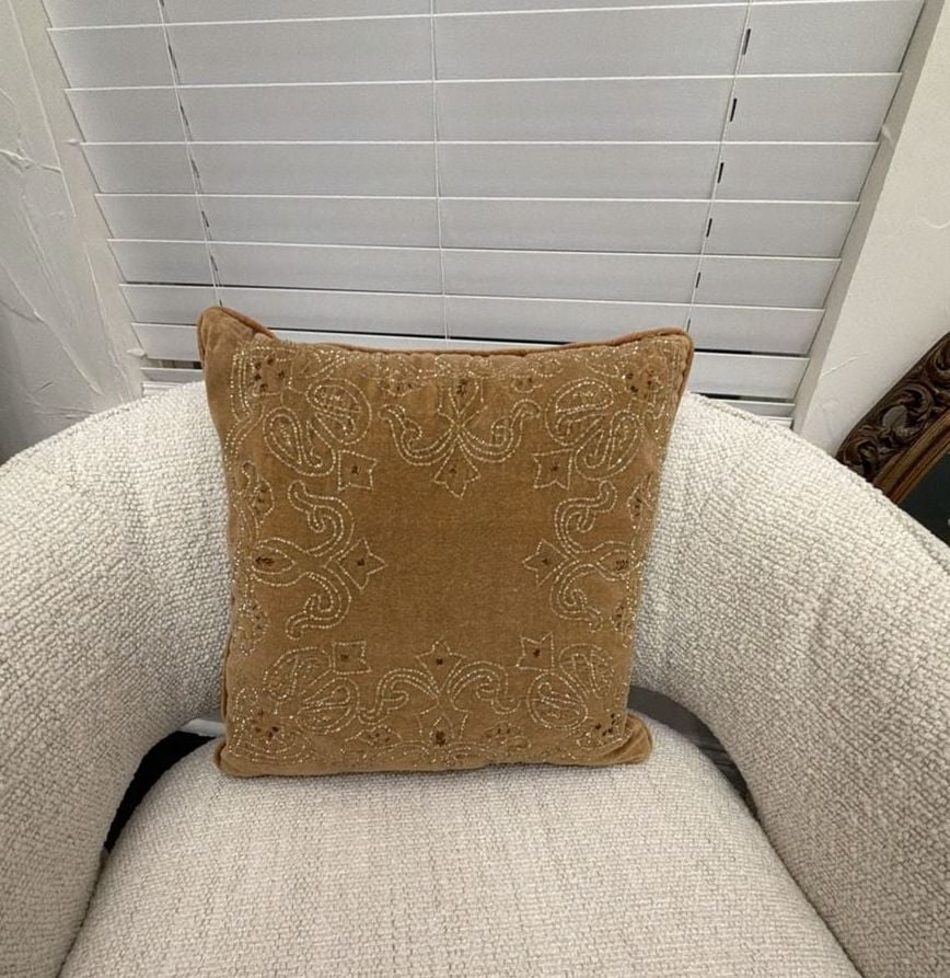 Beaded Throw Pillow Brown Velvet Embroidered Accent Decor 1