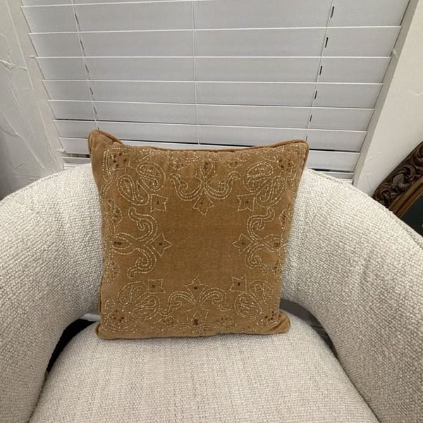 Beaded Throw Pillow Brown Velvet Embroidered Accent Decor