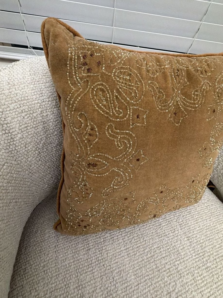 Beaded Throw Pillow Brown Velvet Embroidered Accent Decor 2