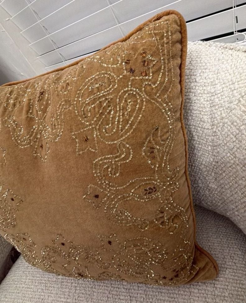 Beaded Throw Pillow Brown Velvet Embroidered Accent Decor 4