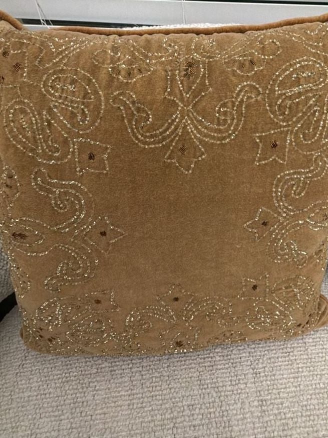 Beaded Throw Pillow Brown Velvet Embroidered Accent Decor 3