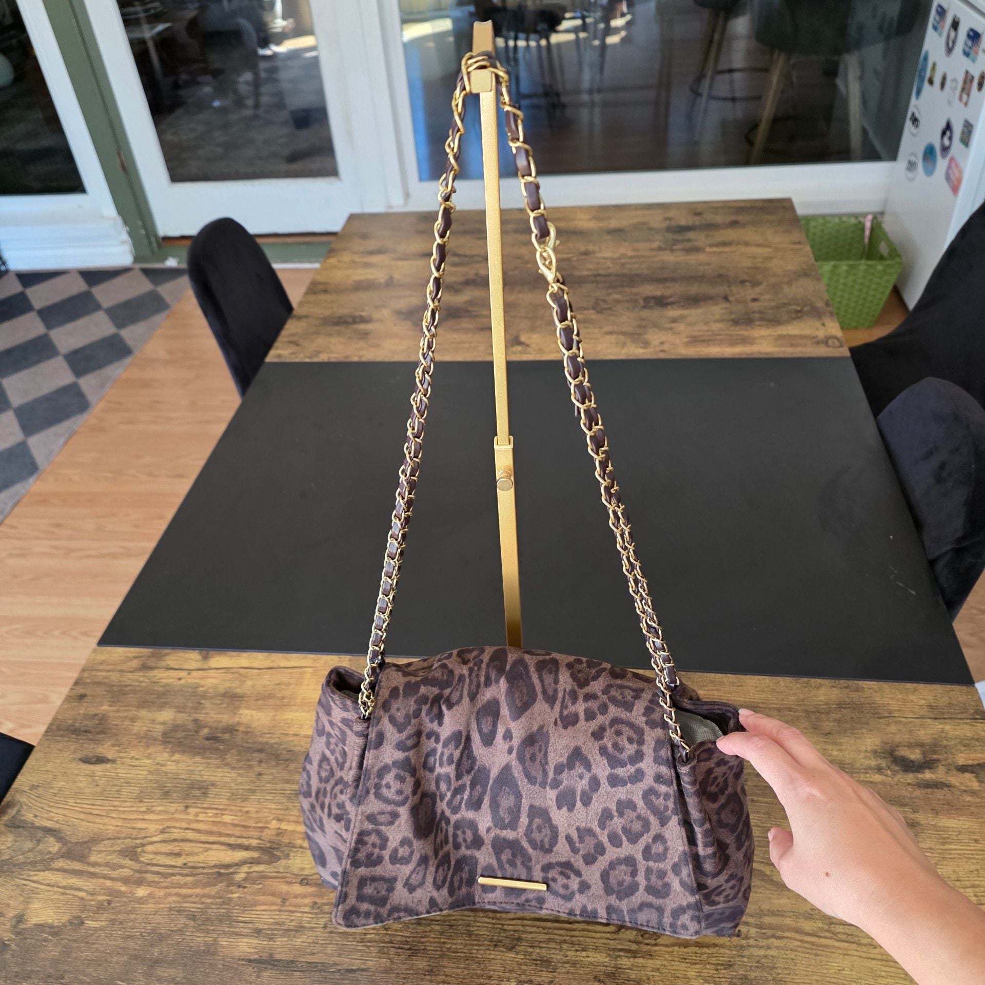 Unbranded Leopard Print Shoulder Bag Faux Suede Gold Chain 2