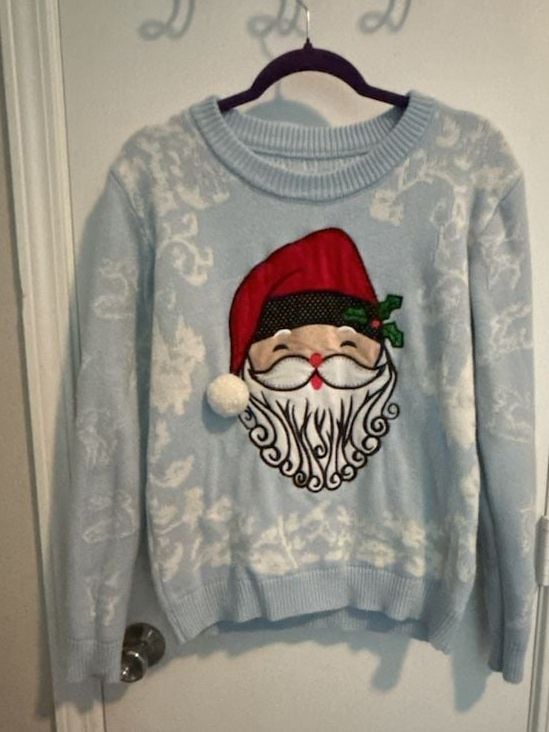 Christmas Santa Claus Reindeer Blue Knit Holiday Sweater 2
