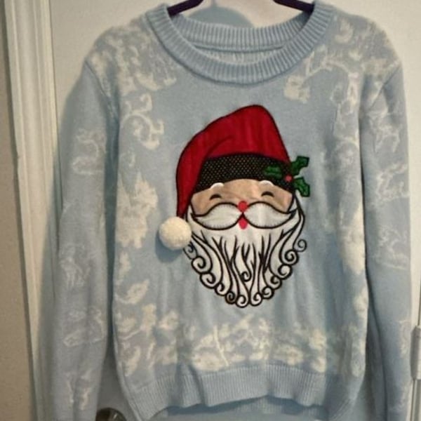 Christmas Santa Claus Reindeer Blue Knit Holiday Sweater