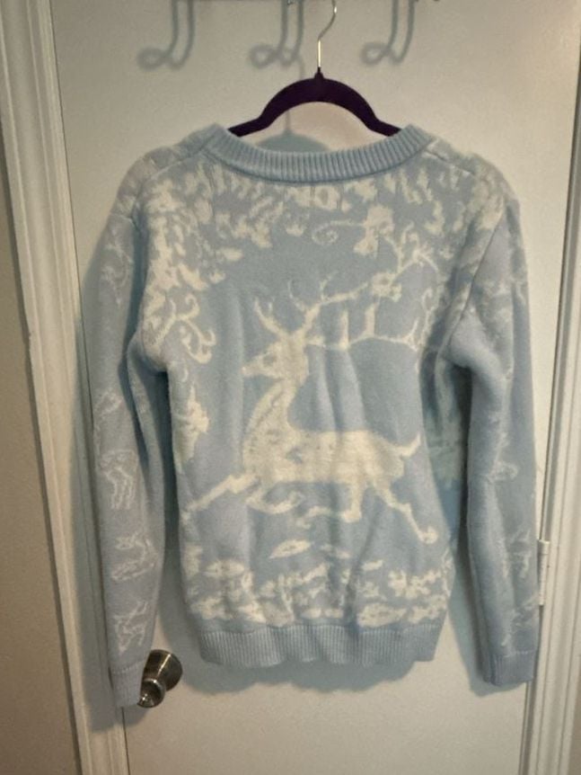 Christmas Santa Claus Reindeer Blue Knit Holiday Sweater 4