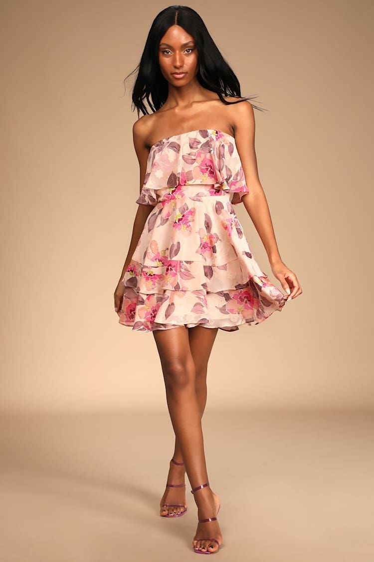 Lulus Perfect Paradise Strapless Jacquard Mini Dress Size S Pink 2