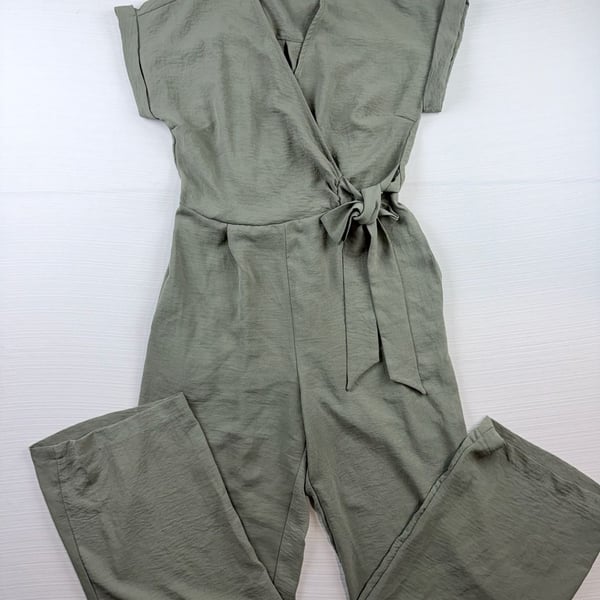 Monteau Los Angeles Wrap Jumpsuit Size L Sage Green Tie Belt Short Sleeve