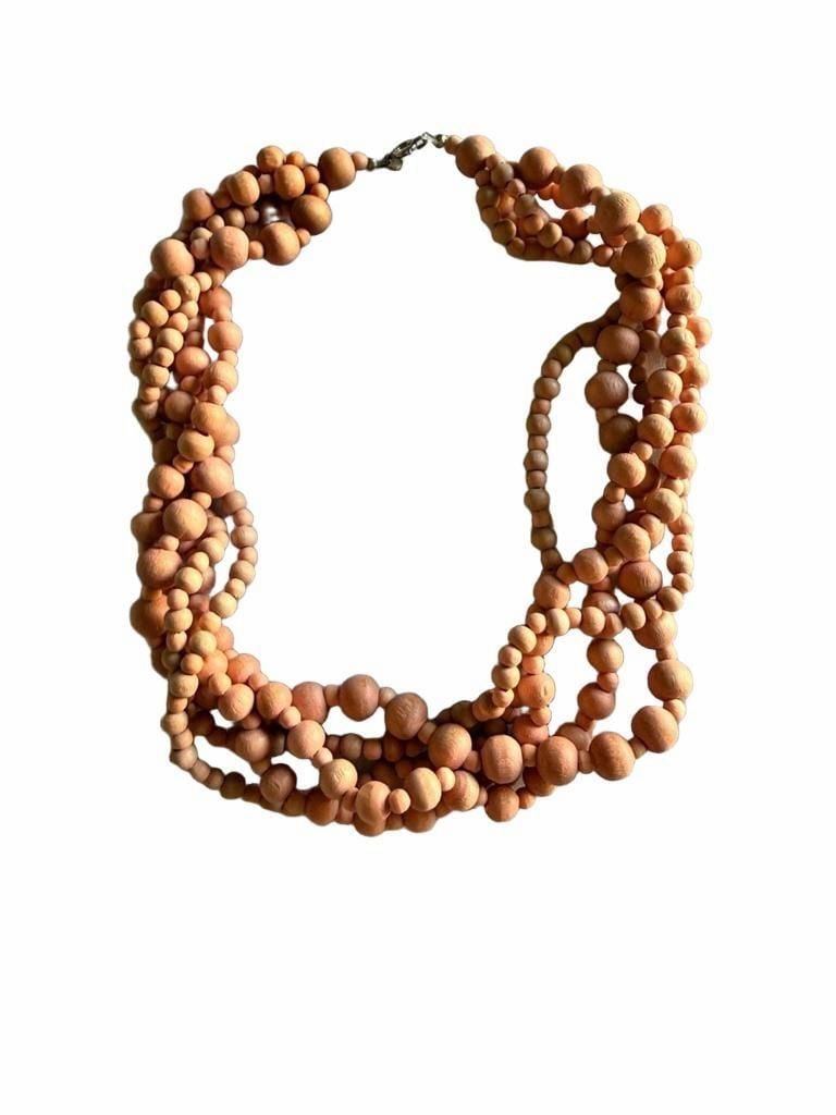 Vintage Multi Strand Wood Bead Necklace Peach Statement 2