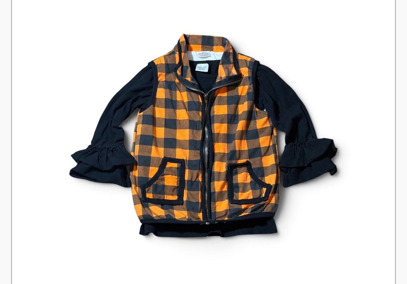 Boutique Little Girls Unbranded Buffalo Plaid Vest Size XL Orange Black Ruffle Long Sleeve Top 1