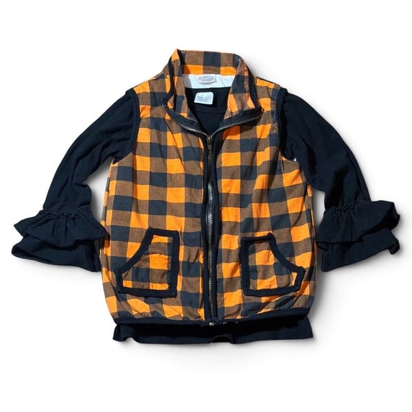 Boutique Little Girls Unbranded Buffalo Plaid Vest Size XL Orange Black Ruffle Long Sleeve Top