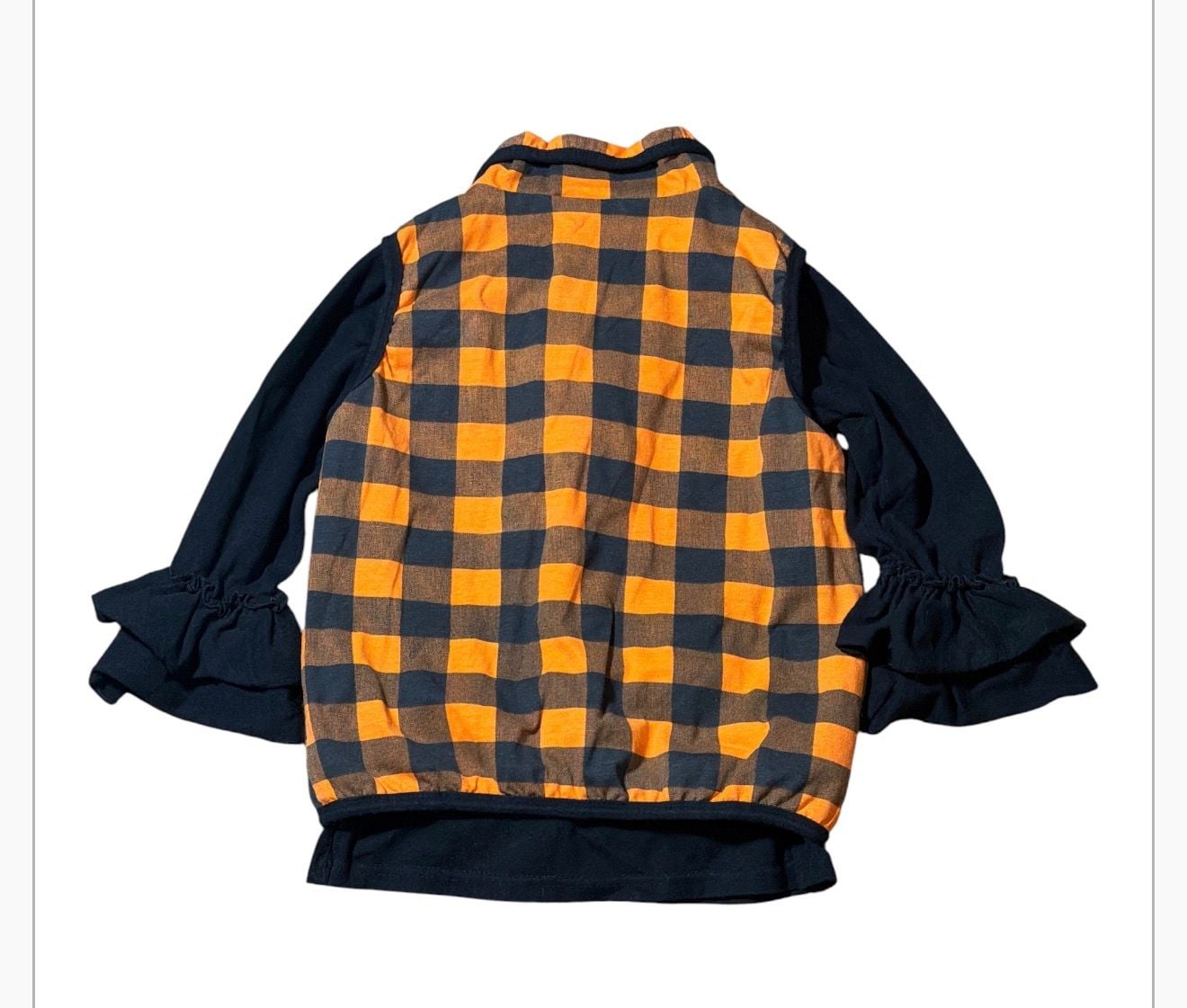 Boutique Little Girls Unbranded Buffalo Plaid Vest Size XL Orange Black Ruffle Long Sleeve Top 3