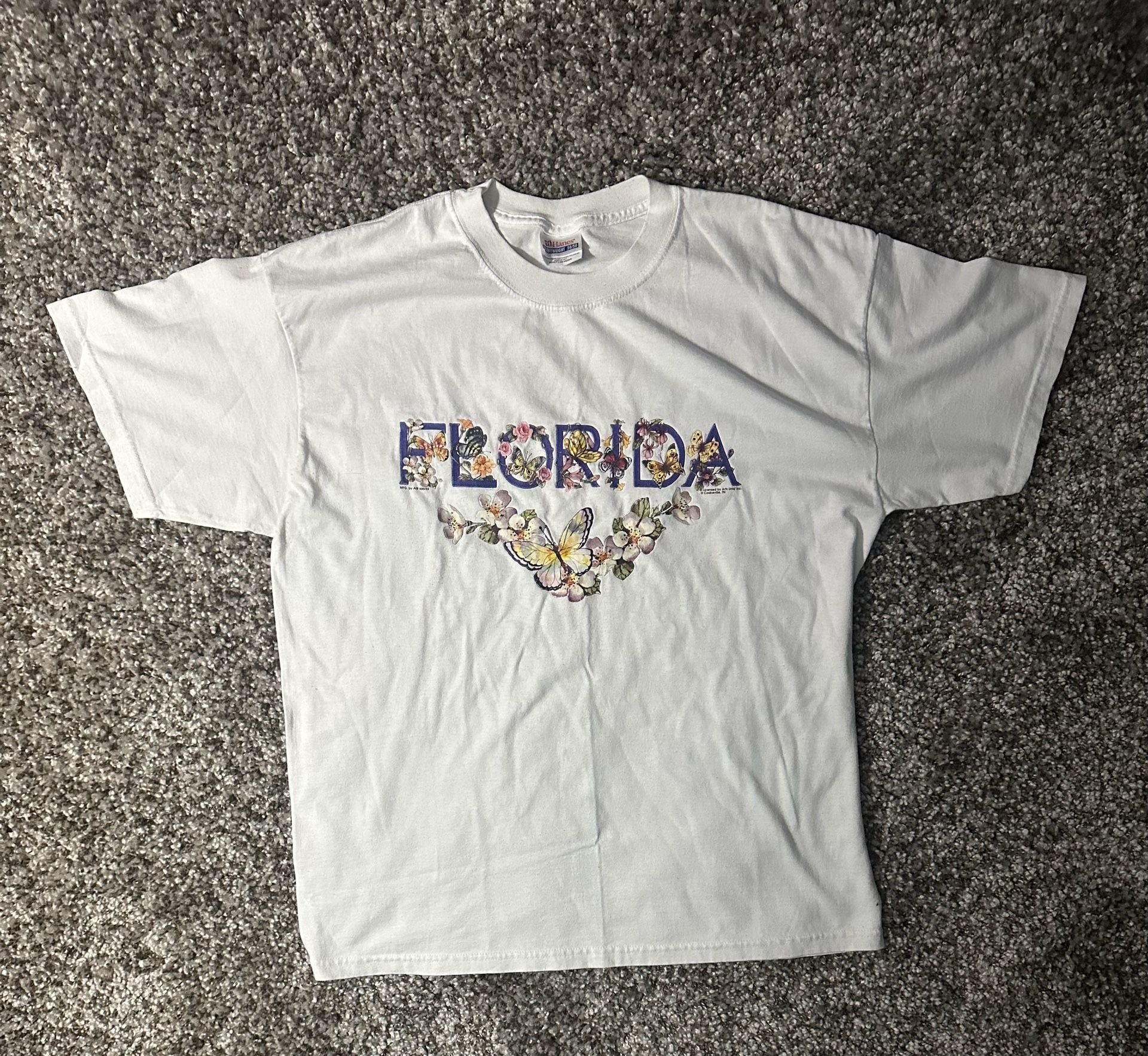 Y2K Hanes Florida Butterflies Floral T-Shirt Size Large White 2