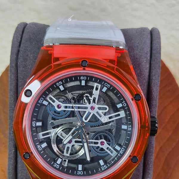 Invicta Skeleton Automatic Watch Transparent Orange Case White Strap New