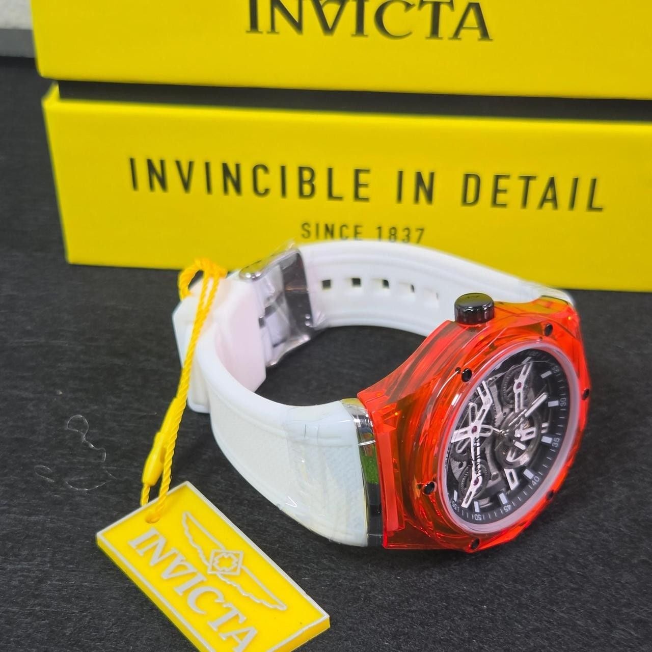 Invicta Skeleton Automatic Watch Transparent Orange Case White Strap New 6