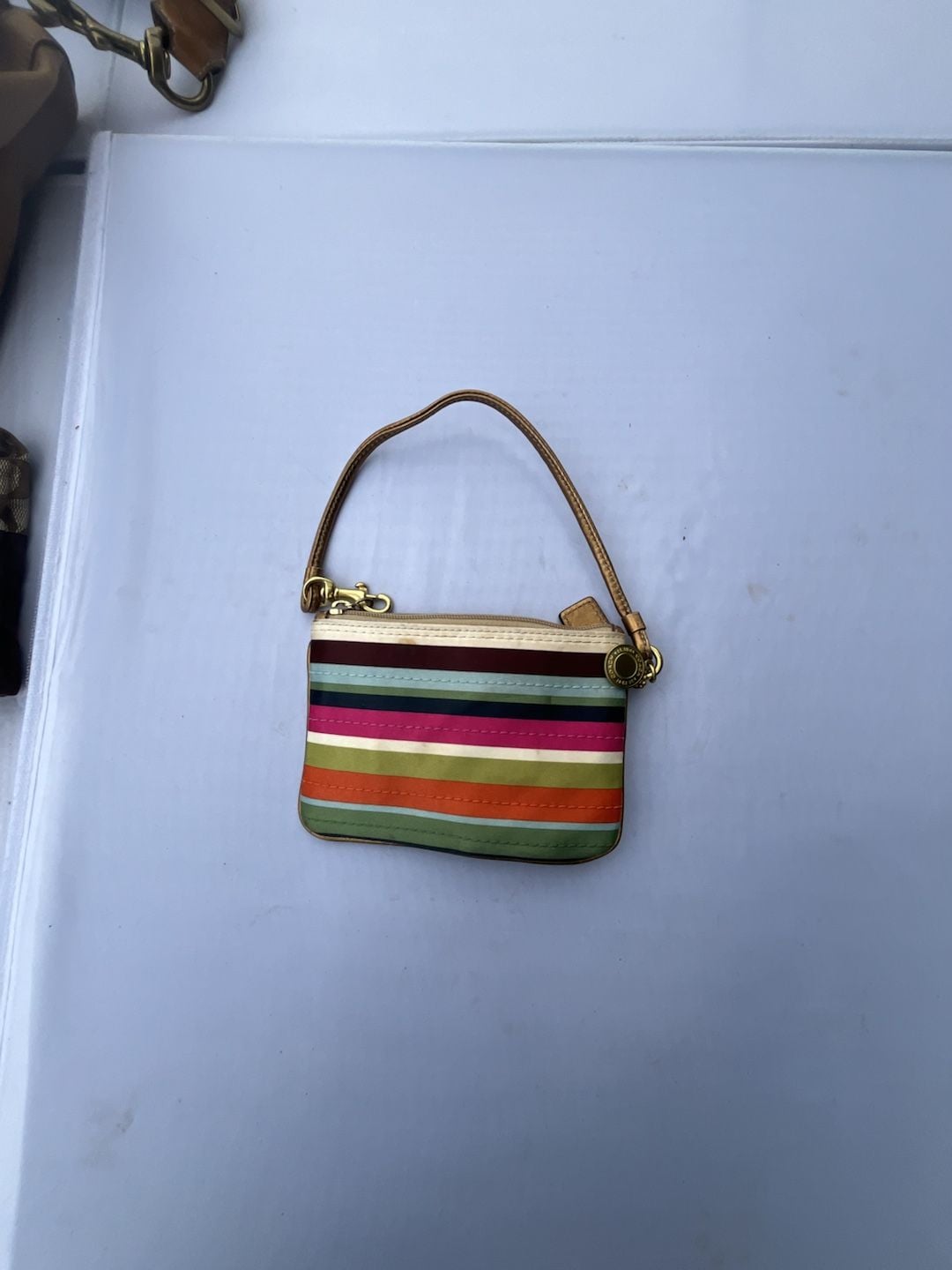 Coach Julia Legacy Stripe Satin Wristlet Multicolor Gold Leather Trim 3