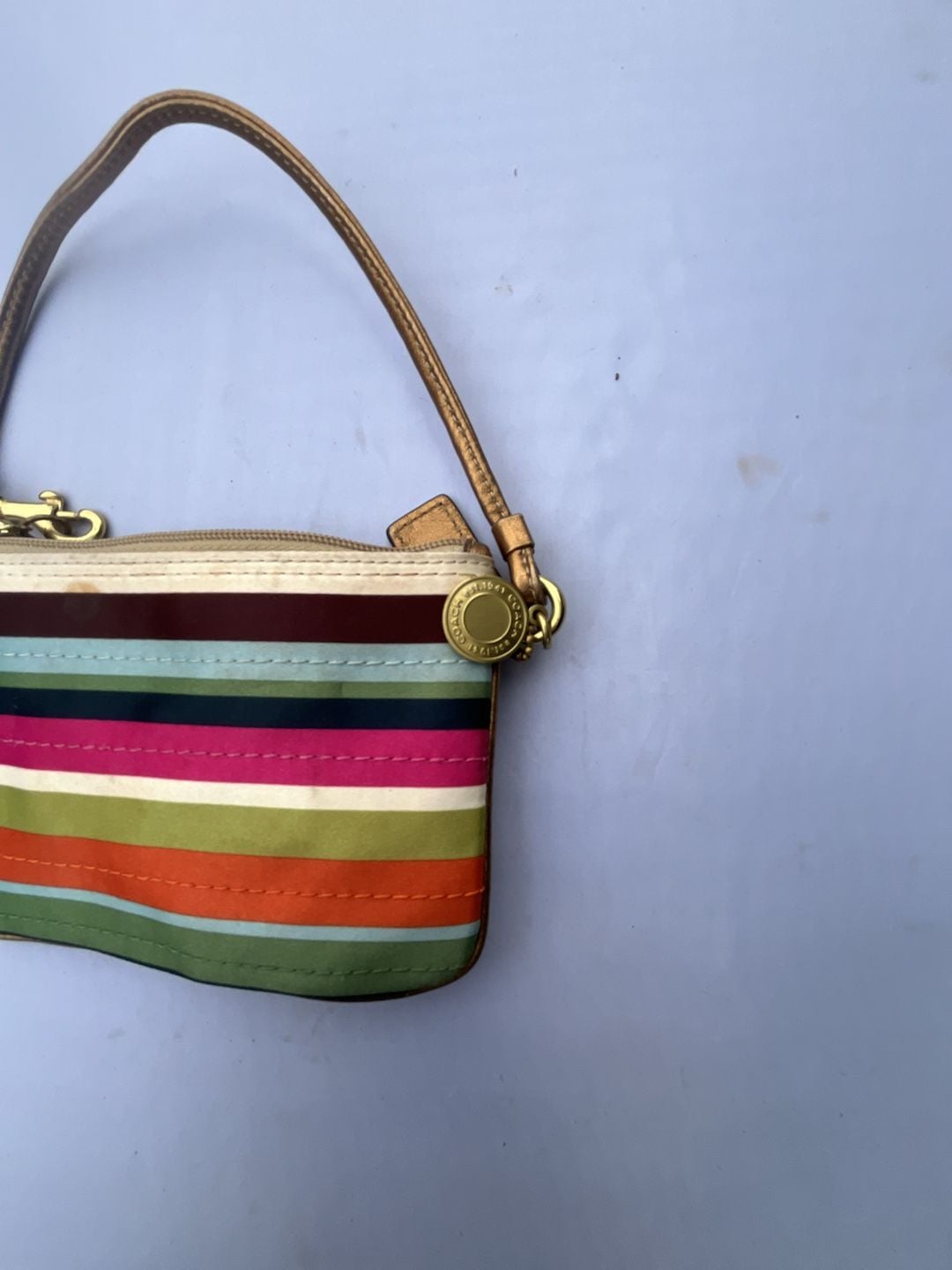 Coach Julia Legacy Stripe Satin Wristlet Multicolor Gold Leather Trim 4