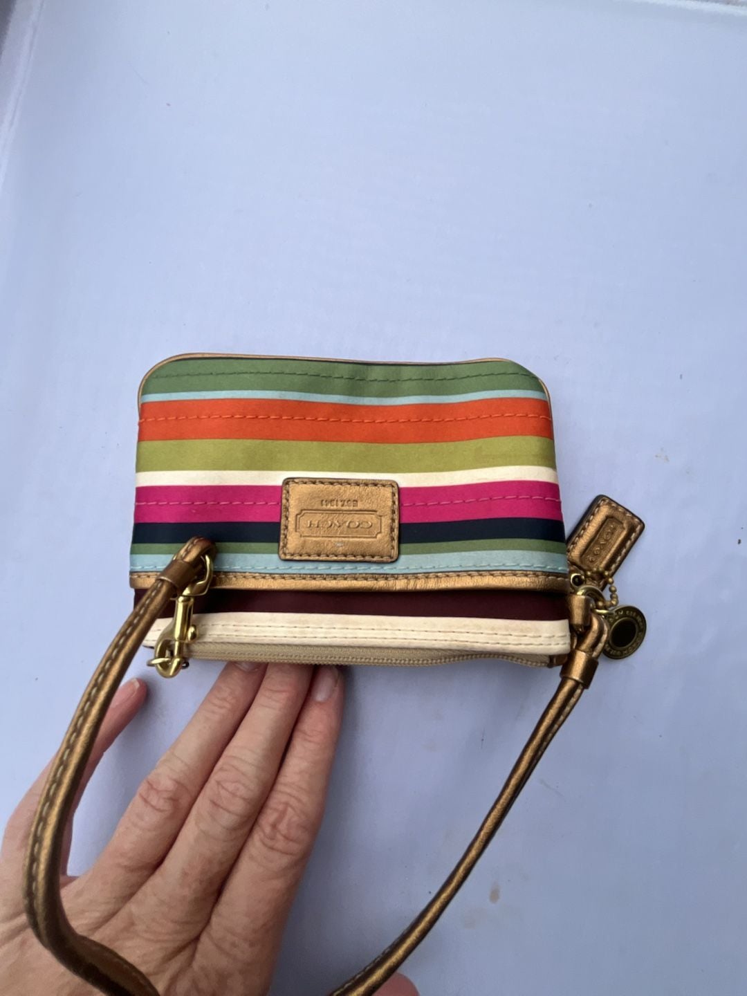 Coach Julia Legacy Stripe Satin Wristlet Multicolor Gold Leather Trim 6