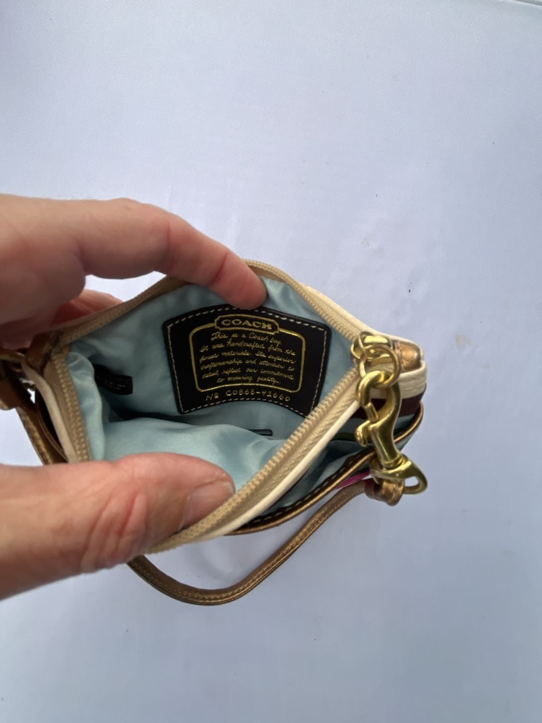 Coach Julia Legacy Stripe Satin Wristlet Multicolor Gold Leather Trim 7